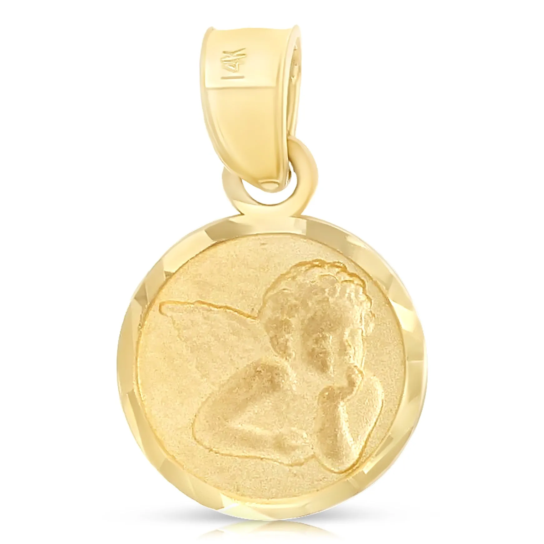 14K Gold Angel Pendant with 1.2mm Flat Open Wheat Chain