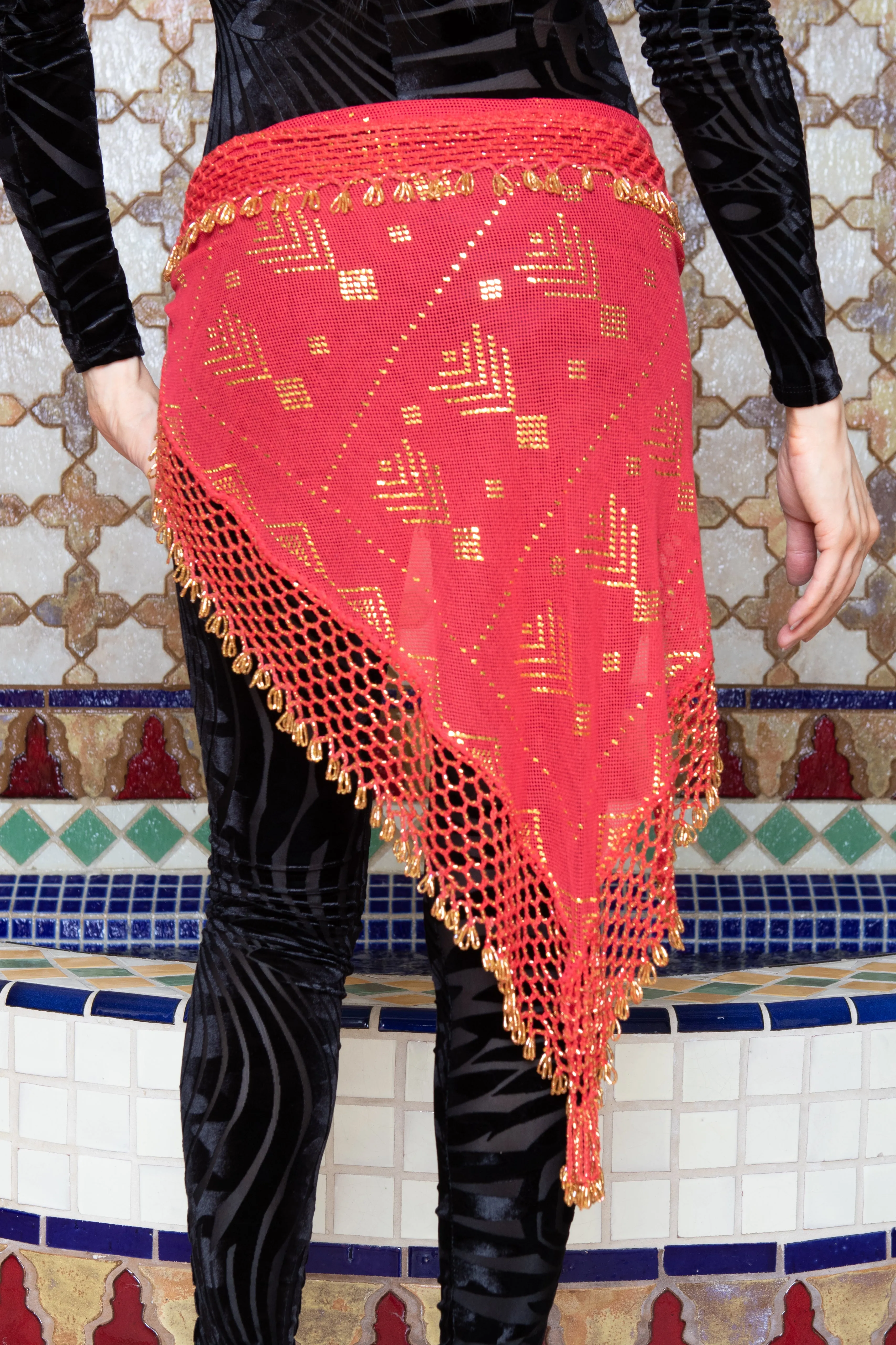 Assuit Beaded Hip Scarf/Sash Red with Gold Beads