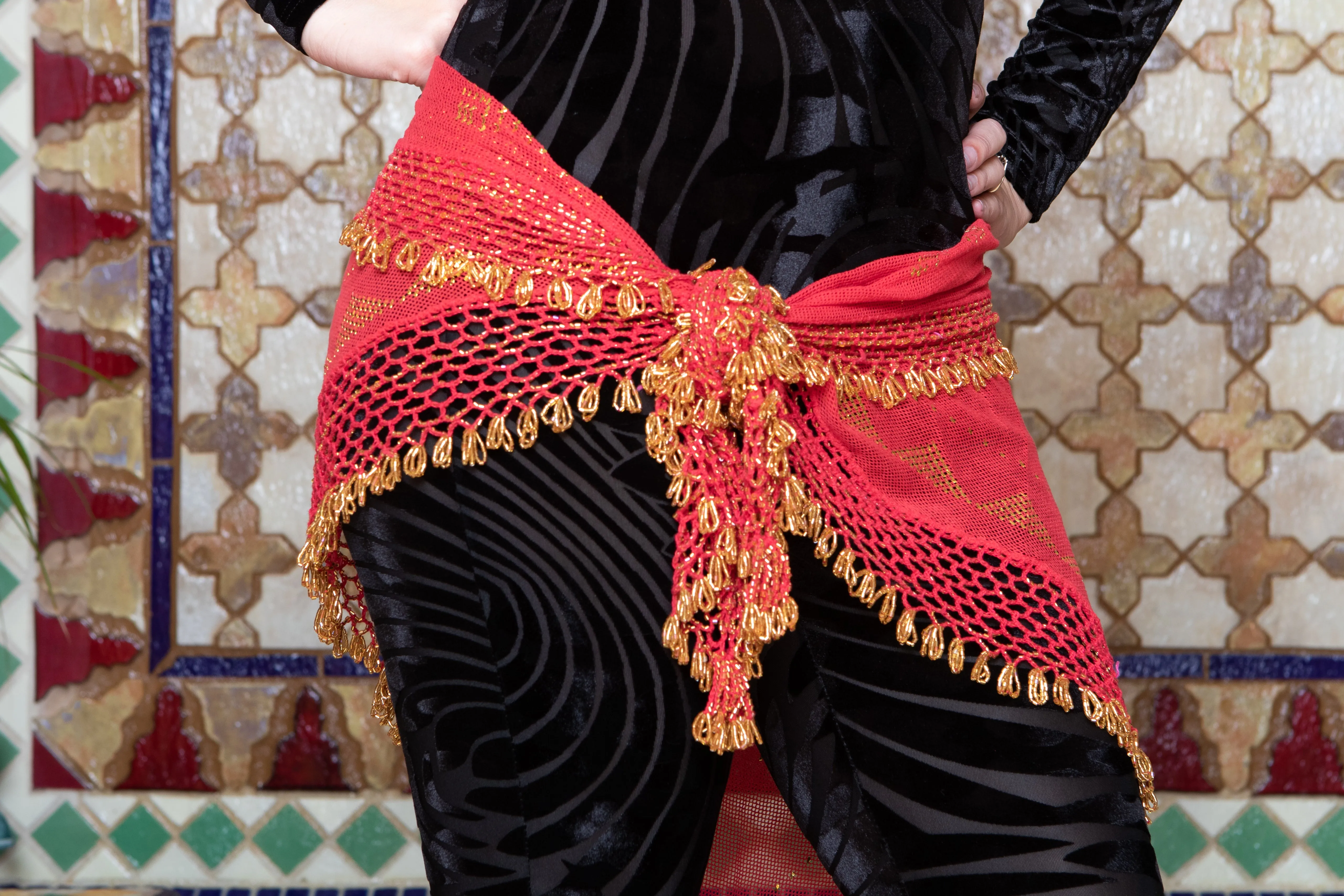 Assuit Beaded Hip Scarf/Sash Red with Gold Beads