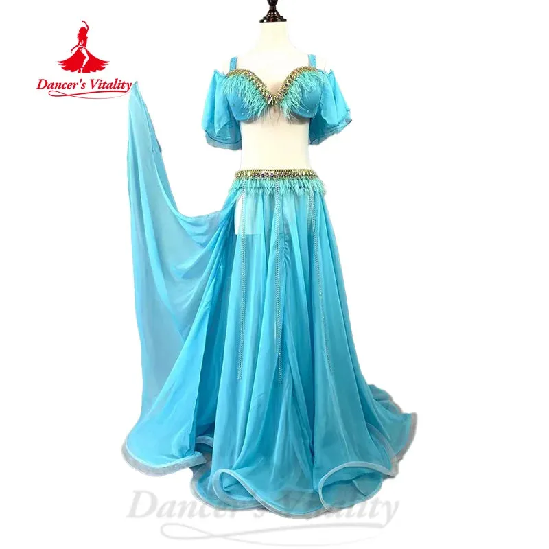 BellyDance Costume Customized Senior AB Stones Feather Bra Sexy Split Chiffon Long Skirt 2pcs Belly Dance Performance Clothing