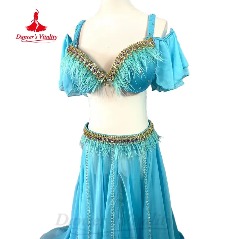 BellyDance Costume Customized Senior AB Stones Feather Bra Sexy Split Chiffon Long Skirt 2pcs Belly Dance Performance Clothing