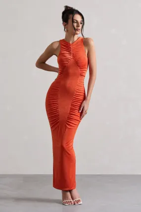 Bombshell | Robe longue froncée diamantée orange à encolure haute