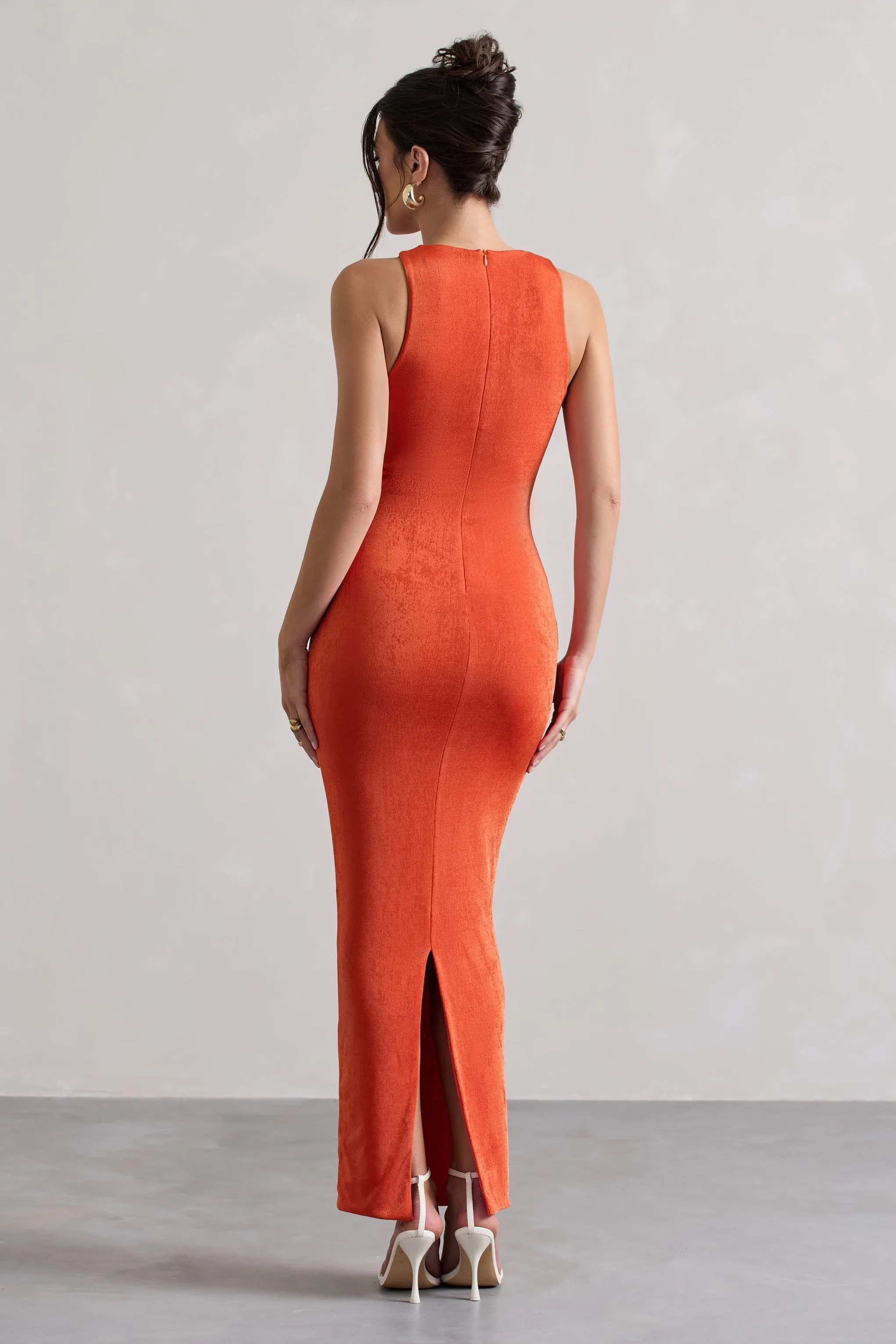 Bombshell | Robe longue froncée diamantée orange à encolure haute