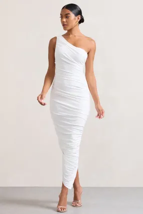 Dorit | Robe mi-longue blanche asymétrique froncée à une épaule