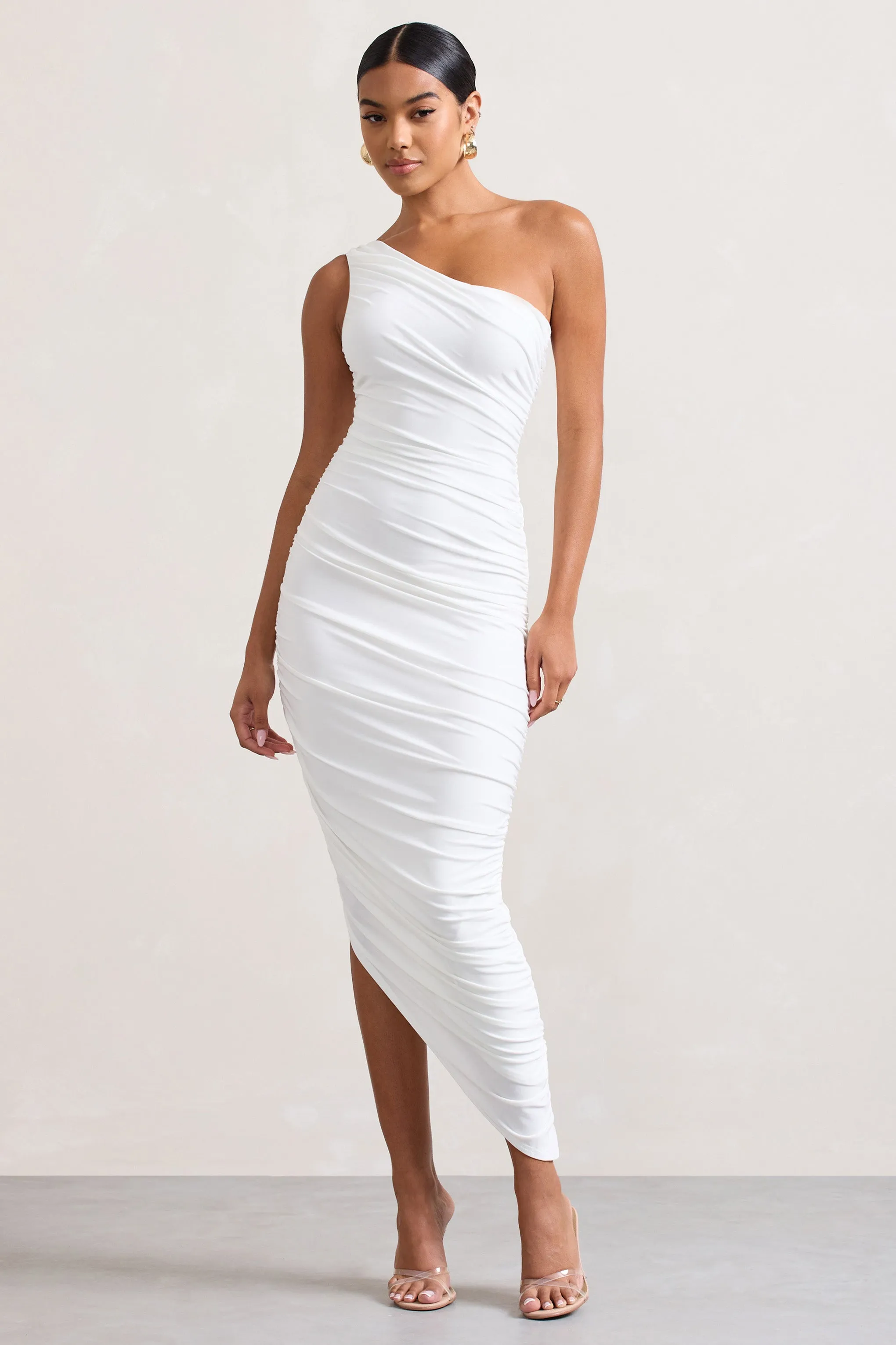 Dorit | Robe mi-longue blanche asymétrique froncée à une épaule