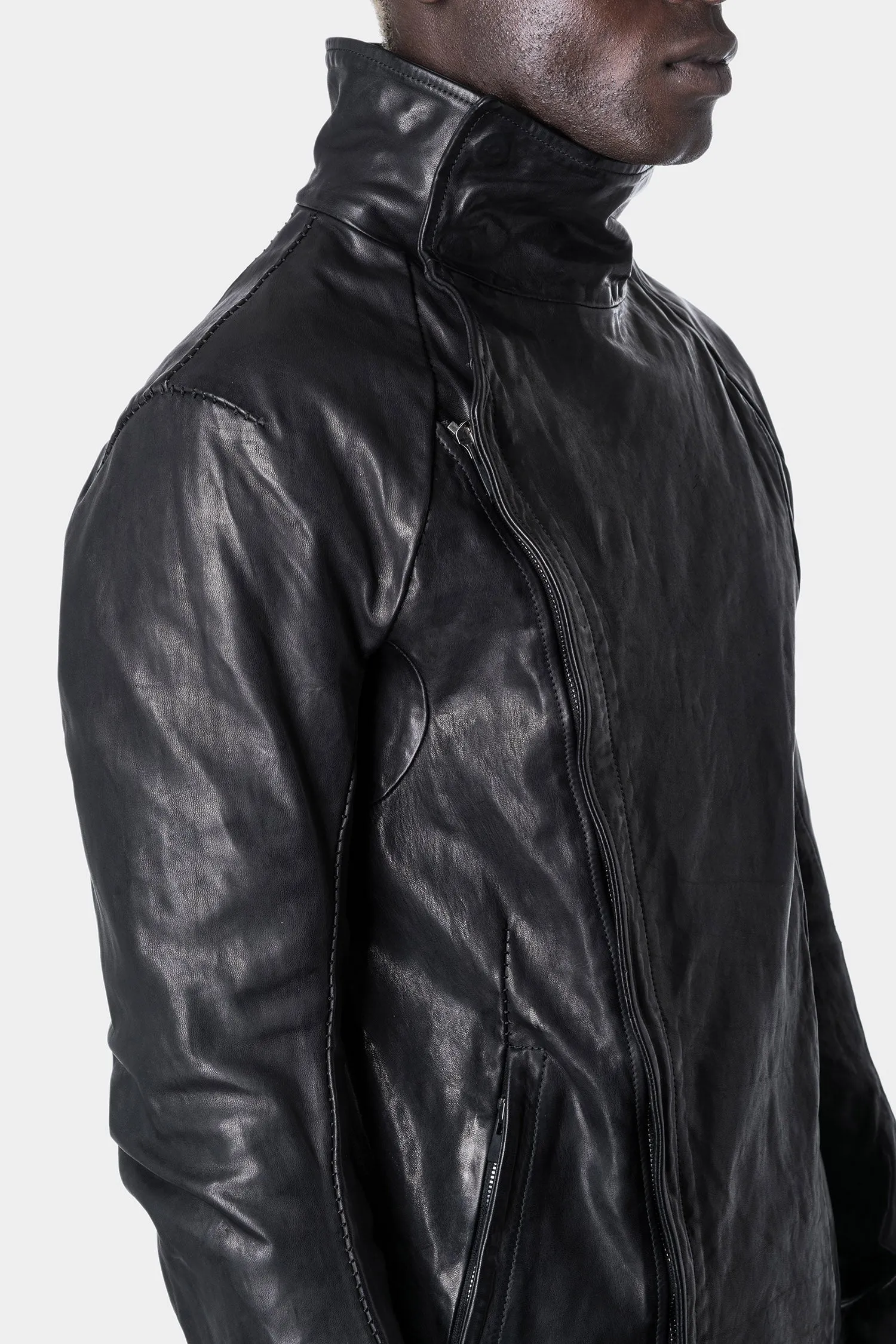 Double breasted moto high neck leather jacket