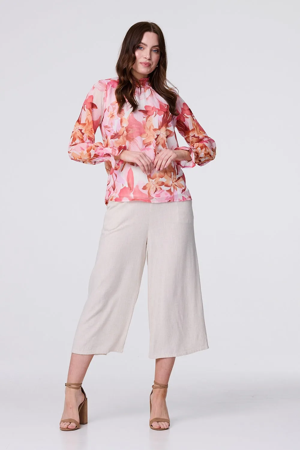 Floral Shirred High Neck Blouse