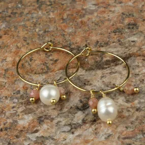 Gold and Pearl w/ Pink Beads Hoop Earrings