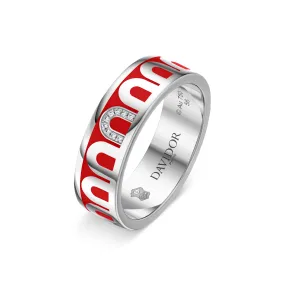 L’Arc de DAVIDOR Ring MM, 18k White Gold with Fraise Lacquered Ceramic and Porta Simple Diamonds