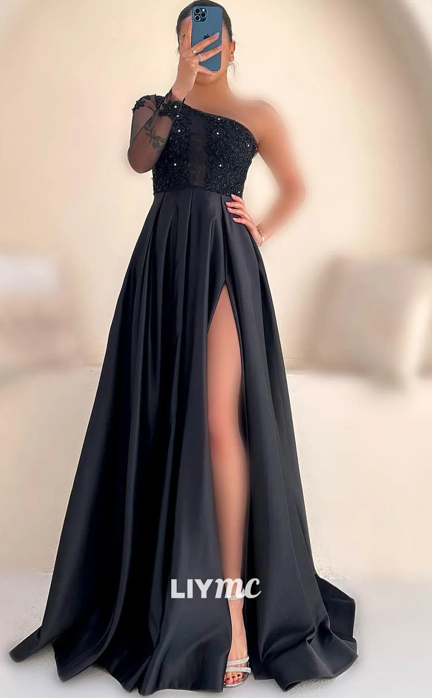 LP1809 - Asymmetrical Appliques High Waist Sleek Pleated Satin A-Line Prom Dress