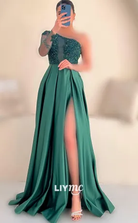 LP1809 - Asymmetrical Appliques High Waist Sleek Pleated Satin A-Line Prom Dress