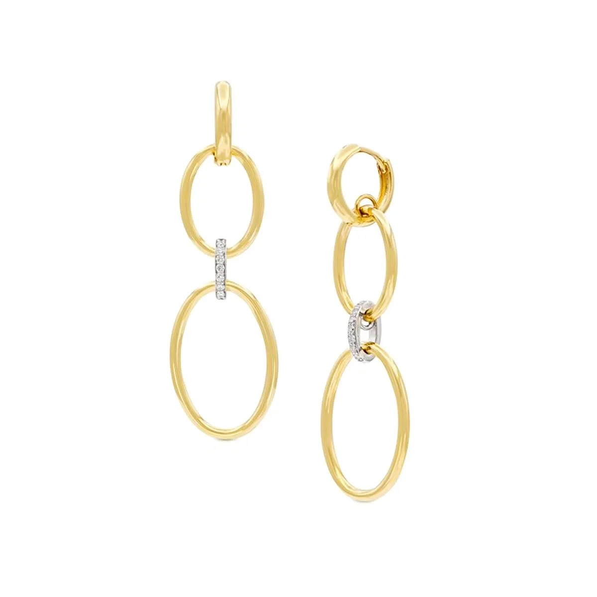 MODERN YELLOW GOLD HOOP DROP EARRINGS WITH DIAMONDS, .14 CT TW