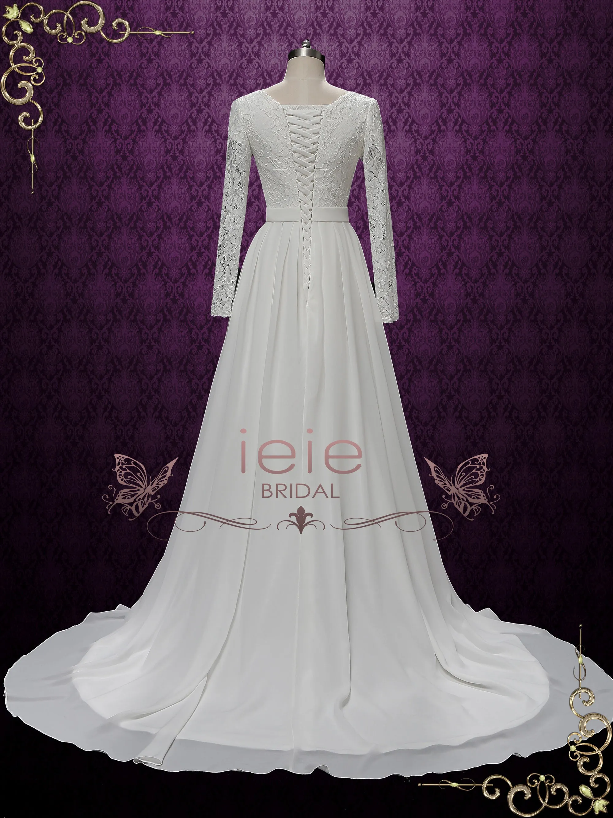 Modest Long Sleeves Chiffon Lace Wedding Dress ALURA