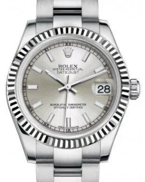 Rolex Datejust 31MM Lady Midsize White Gold/Steel Silver Index Dial & Fluted Bezel Oyster Bracelet 178274 - NEW