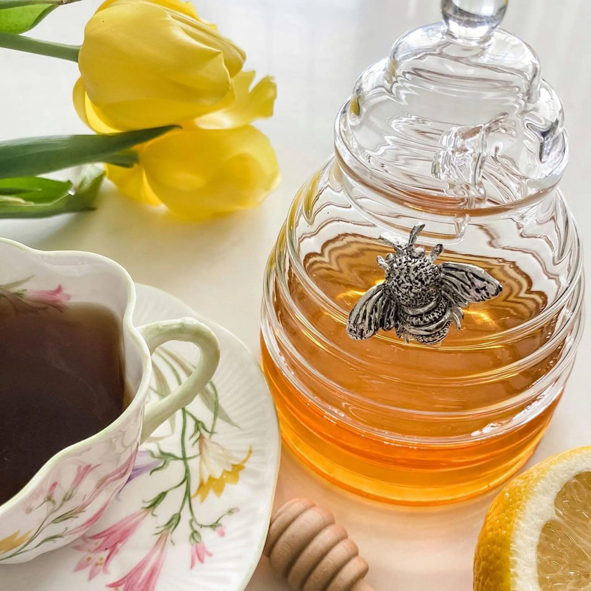 Silver Bee Honey Jar / Pot with Dipper