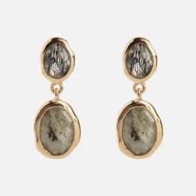 Solid Gold Labradorite and Quartz Drop Earrings for Protection